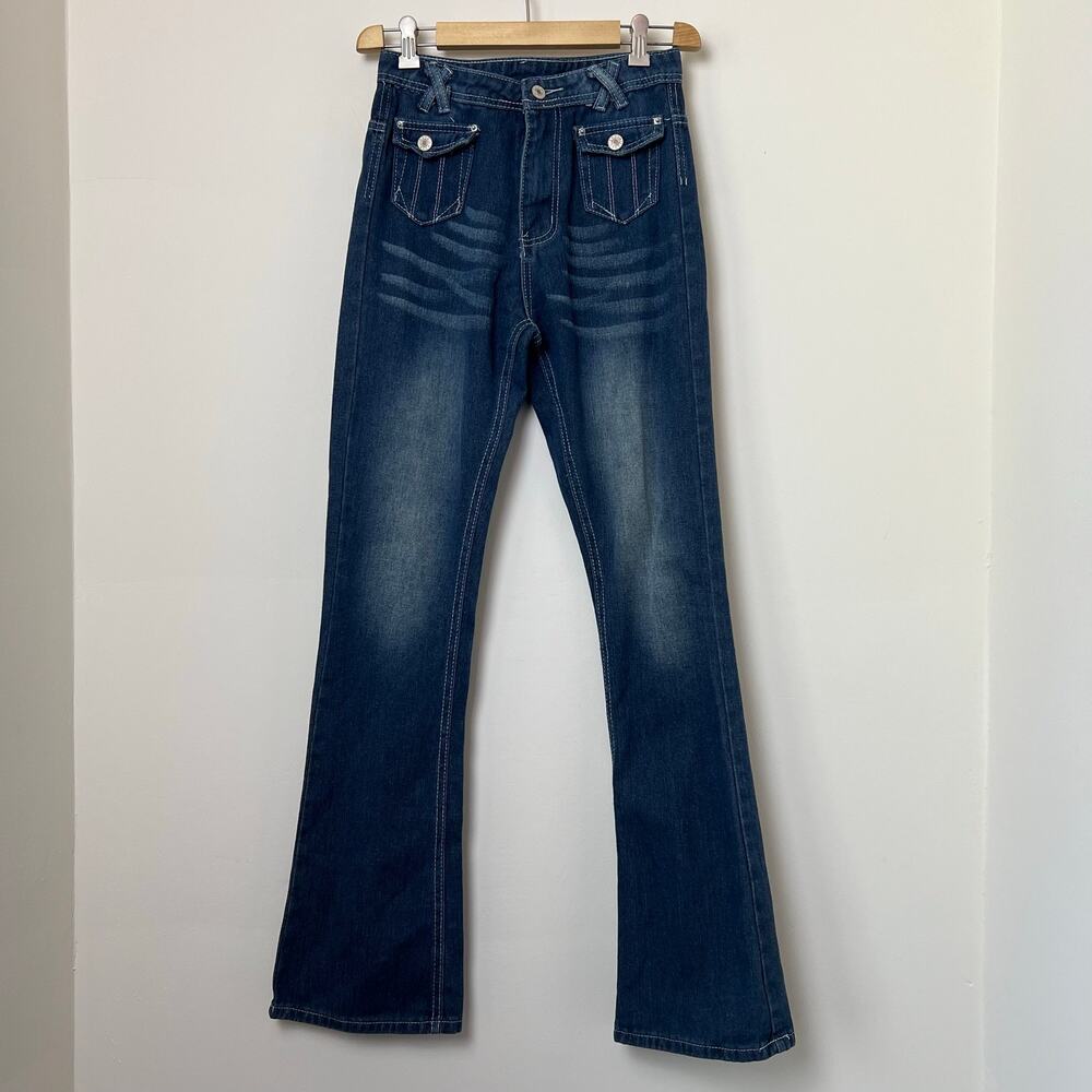 Y2K Bootcut Dark Blue Denim Cargo Pockets Small